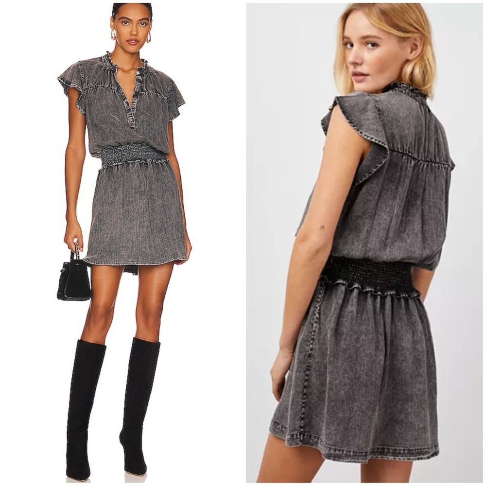 NEW Rails Black Acid Wash Amina Ruffled Smocked Mini Dress Tencel Denim Sz S